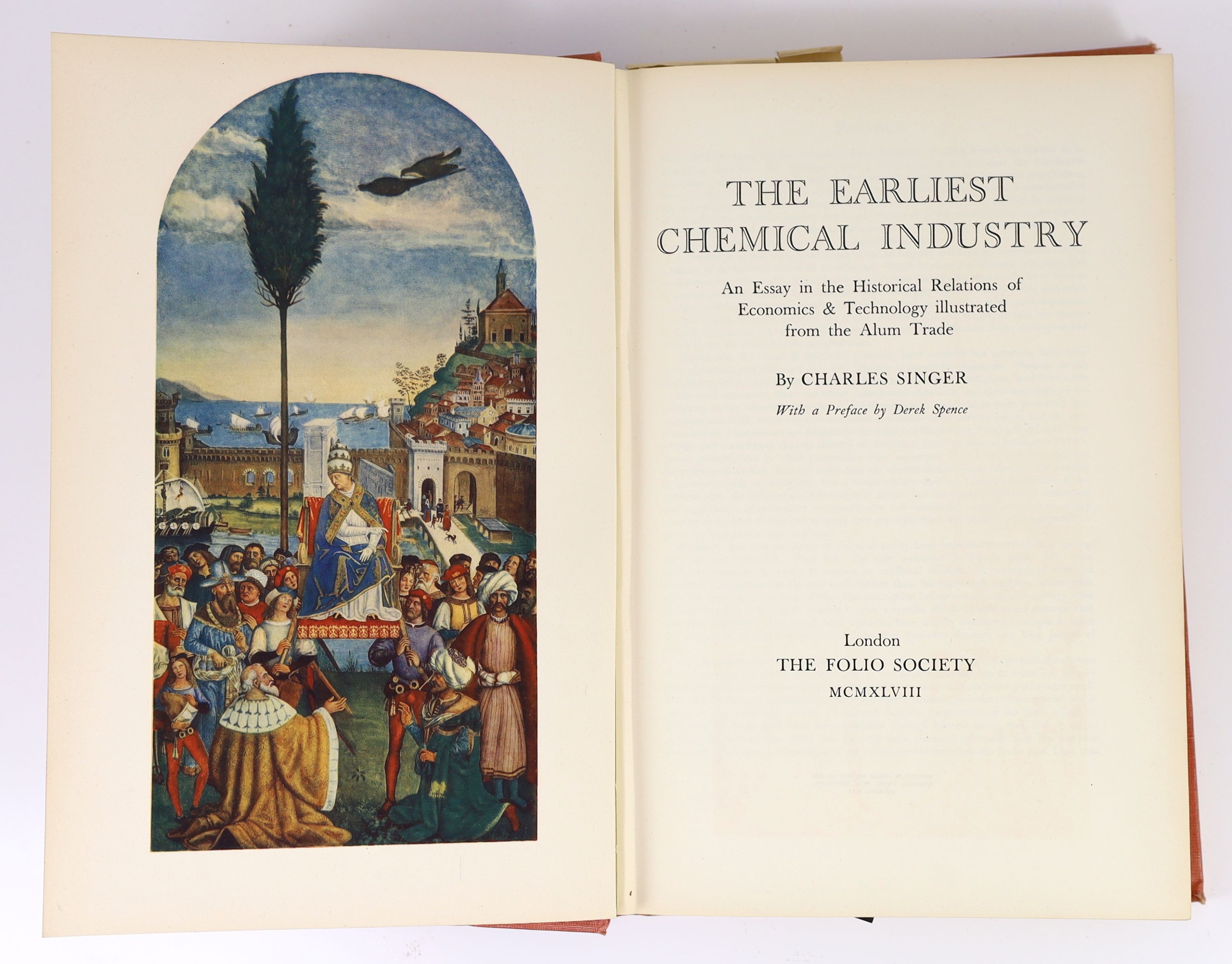 Singer, Charles Joseph - The Earliest Chemical Industries, one of 1000 copies, illustrated by Stephen Gooden, folio, red cloth, with tipped in a/l from the author to John Waterer, 4to, 2pp, from The Athenaeum, dated 5th